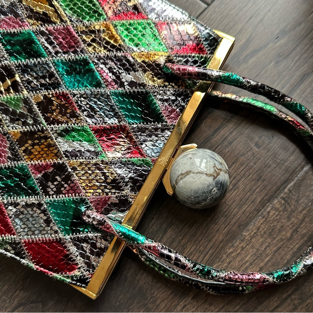 Marie Laure Rectangle Frame Bag Multicolored Patch Chamorel Python Handbag RARE - Picture 12 of 16